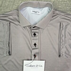 NEW Collars & Co polo men's medium brown houndstooth active performance stretch